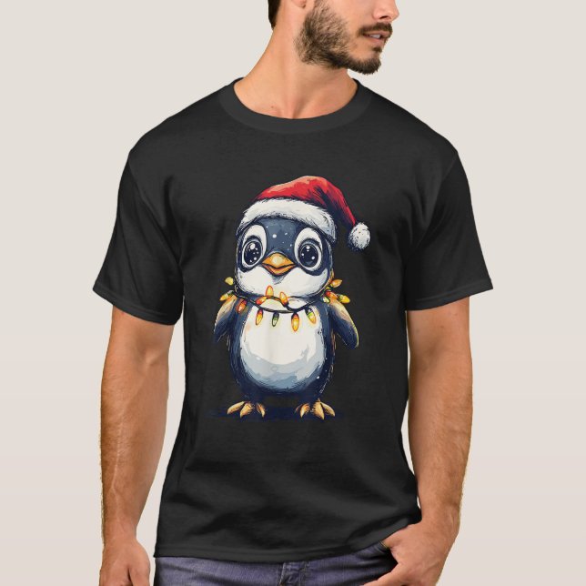 Santa Penguin Christmas Lights Boys Girls Penguin  T-Shirt (Front)