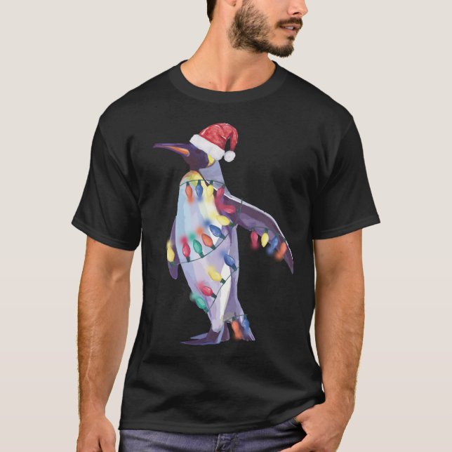 Santa Penguin Christmas Lights Penguin Lover Chris T-Shirt (Front)
