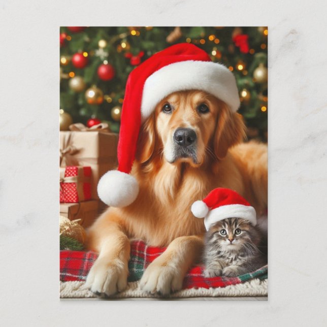 Santa Pets Golden Retriever and Kitten Christmas  Postcard (Front)