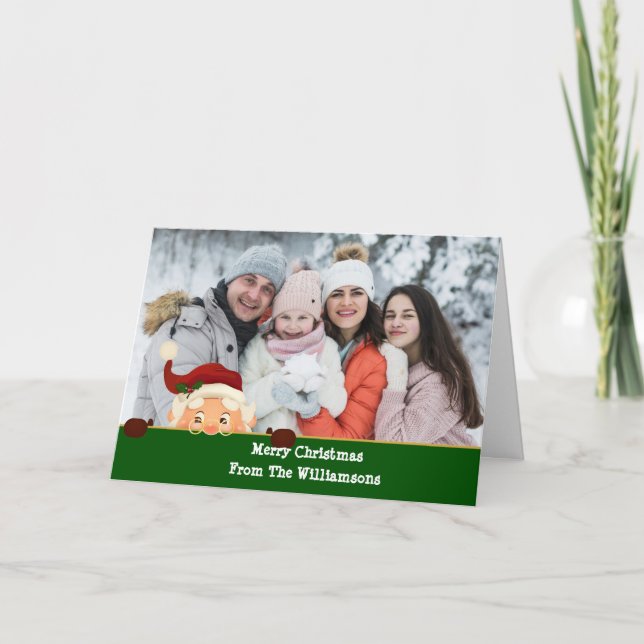 Santa Photo Bombs Green Band Christmas Photo Holiday Card (Front)