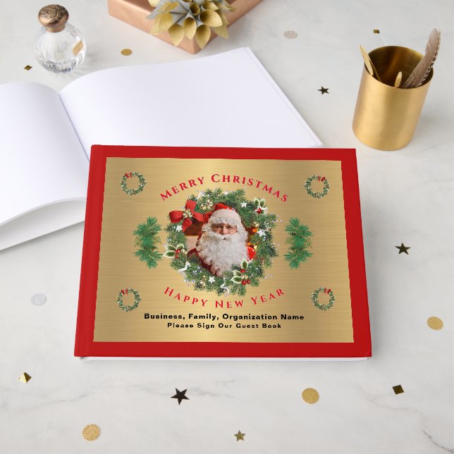 Santa Photo Merry Christmas New Year Personalise Guest Book (Front Open)