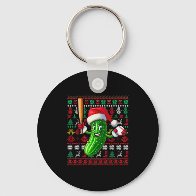 Santa Pickle Playing Baseball Xmas Player Vegan Sw Key Ring (Front)