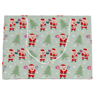 Santa Pig Giving Gifts Pattern Large Gift Bag