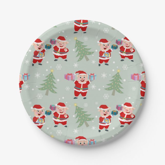 Santa  Pig Giving Gifts Pattern Paper Plate (Front)