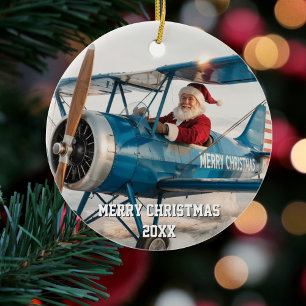 Santa Pilot Flies Airplane Funny Photo Christmas Ceramic Tree Decoration