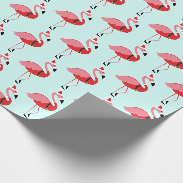 Santa Pink Flamingo Blue Christmas Pattern Wrapping Paper (Corner)