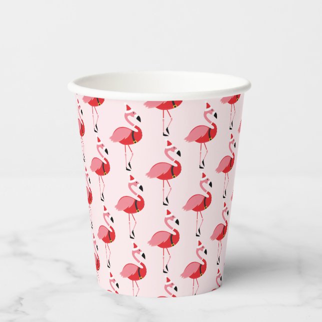 Santa Pink Flamingo Christmas Holiday Paper Cups (Front)