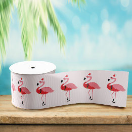Santa Pink Flamingo Christmas Holiday Pattern Grosgrain Ribbon