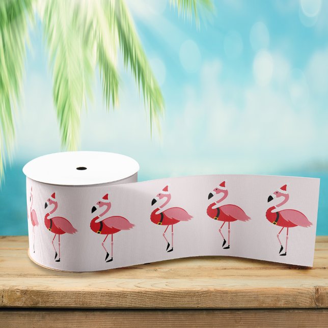 Santa Pink Flamingo Christmas Holiday Pattern Grosgrain Ribbon (Get this fun flamingo ribbon for your Christmas.)