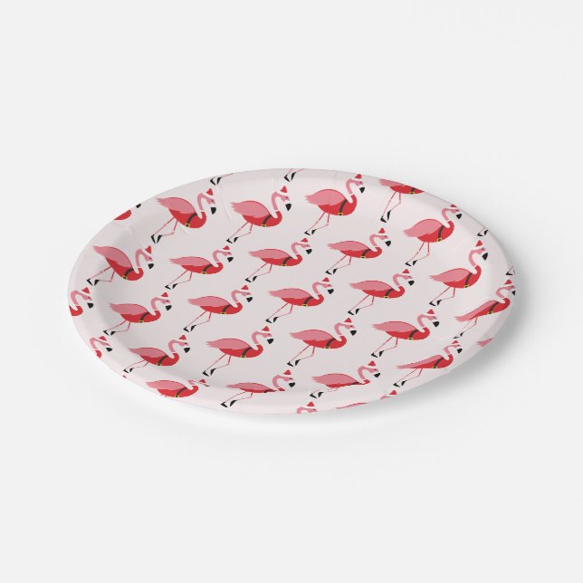 Santa Pink Flamingo Christmas Holiday Pattern Paper Plate (Angled)