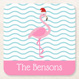 Santa Pink Flamingo Christmas Paper Coasters