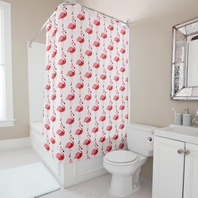 Santa Pink Flamingo Christmas Shower Curtain (In Situ)