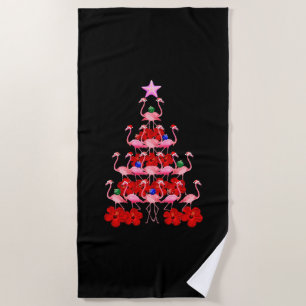Santa Pink Flamingo Christmas Tree Beach Towel