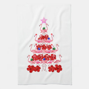 Santa Pink Flamingo Christmas Tree Tea Towel