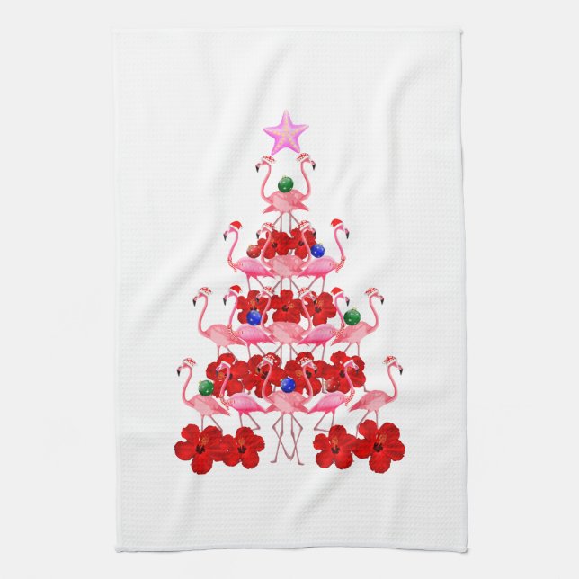 Santa Pink Flamingo Christmas Tree Tea Towel (Vertical)