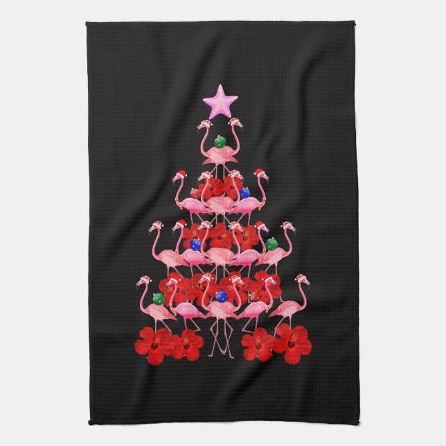Santa Pink Flamingo Christmas Tree Tea Towel (Vertical)