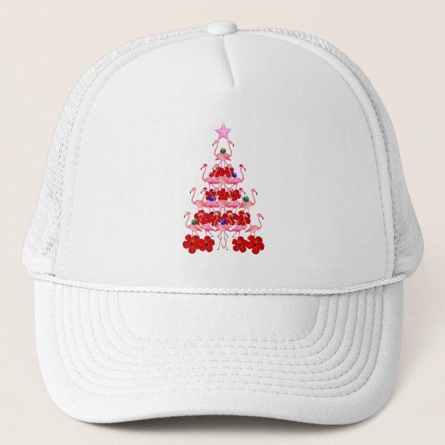 Santa Pink Flamingo Christmas Tree Trucker Hat (Front)