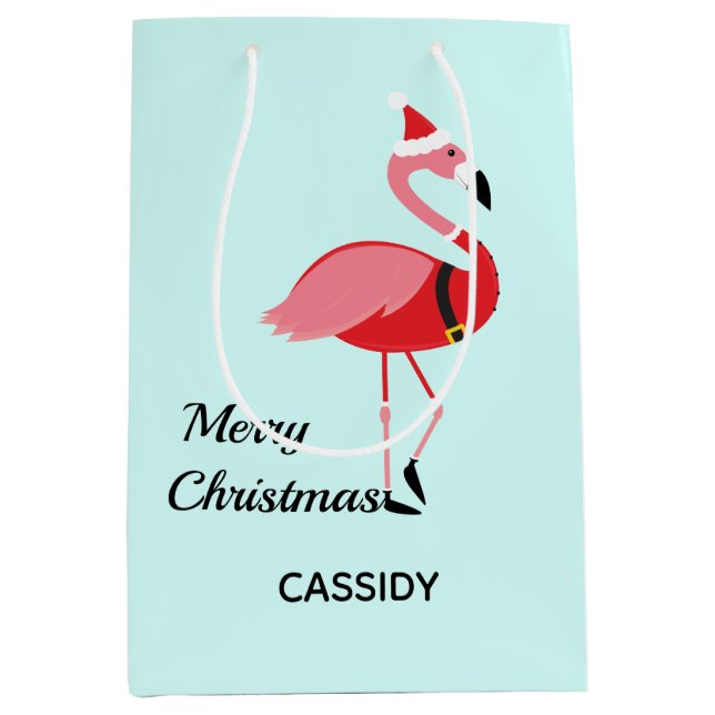 Santa Pink Flamingo Name Animal Blue Christmas Medium Gift Bag (Front)