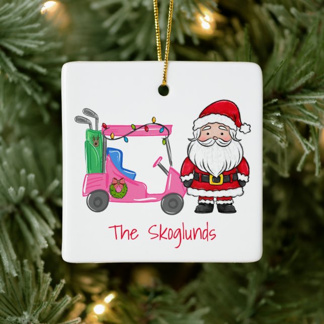 Santa Pink Golf Cart Christmas with Lights Wreath Ceramic Ornament (Tree)