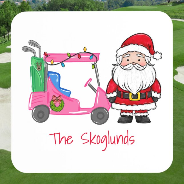 Santa Pink Golf Cart Christmas with Lights Wreath Coaster (Creator Uploaded)