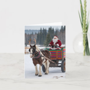 Santa Pinto Draught Horse Antlers Colourful Wagon  Card