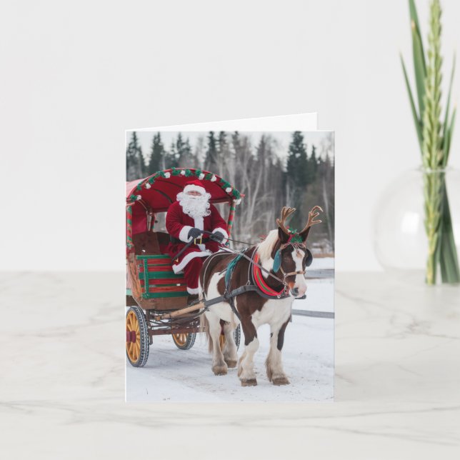 Santa Pinto Draught Horse Antlers Red Green Wagon  Card (Front)