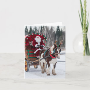 Santa Pinto Draught Horse Antlers Red Green Wagon Card