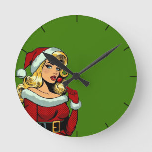 Santa Pinup: Pop Art Glam Round Clock