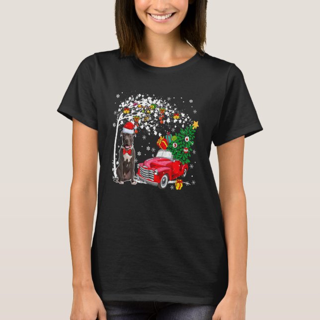Santa Pit Bull Red Pickup Truck Carrying X Mas Tre T-Shirt (Front)