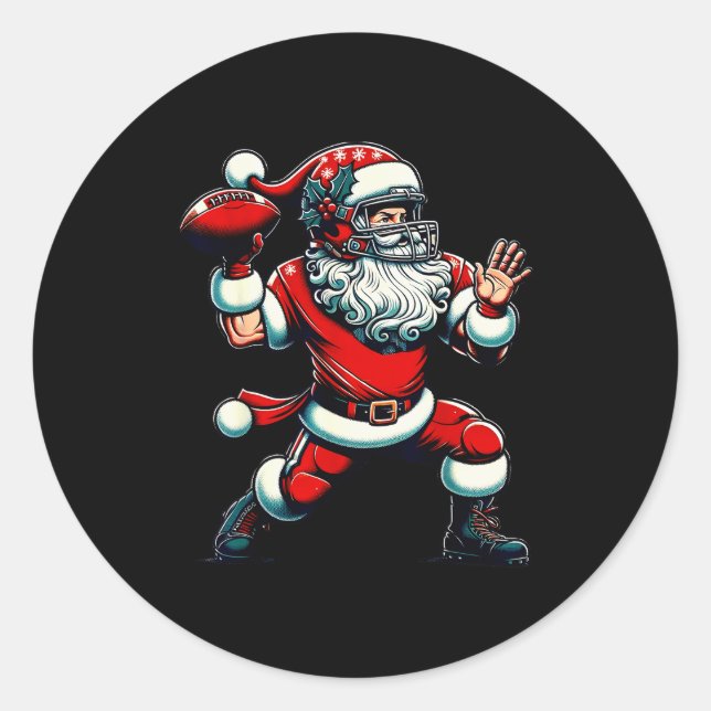 Santa Playing American Football Christmas Women Me Classic Round Sticker (Front)