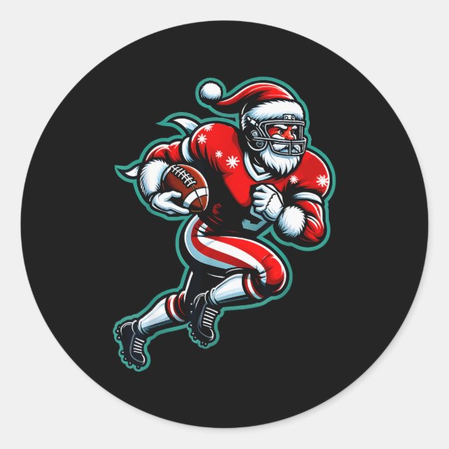 Santa Playing American Football Christmas Women Me Classic Round Sticker (Front)