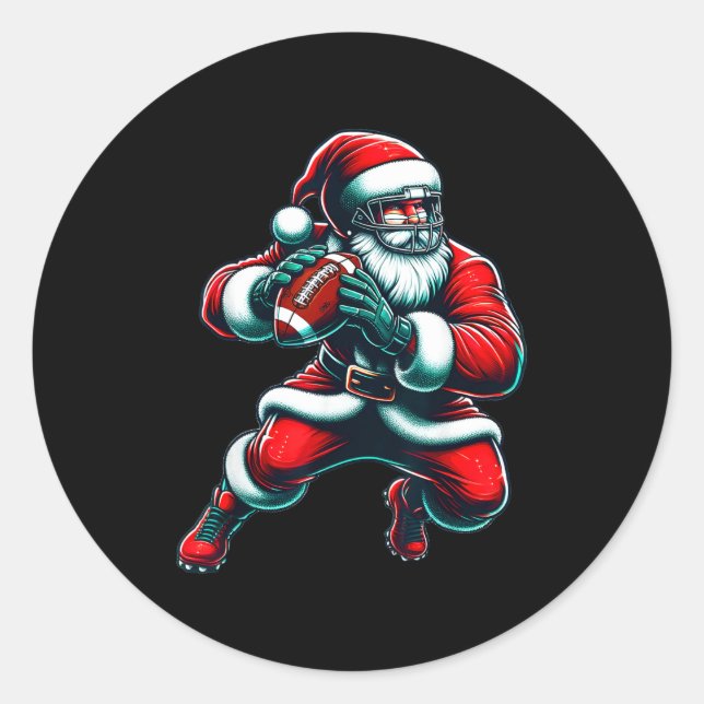 Santa Playing American Football Christmas Women Me Classic Round Sticker (Front)