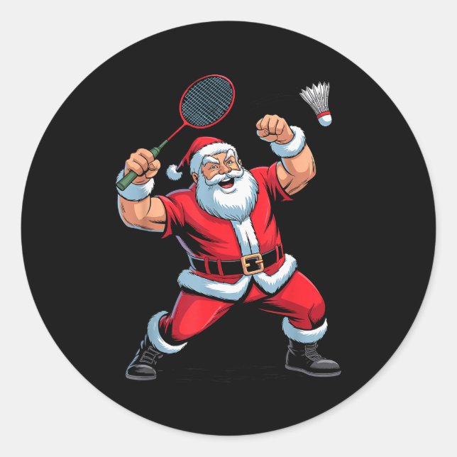 Santa Playing Badminton Funny Holiday Christmas Xm Classic Round Sticker (Front)