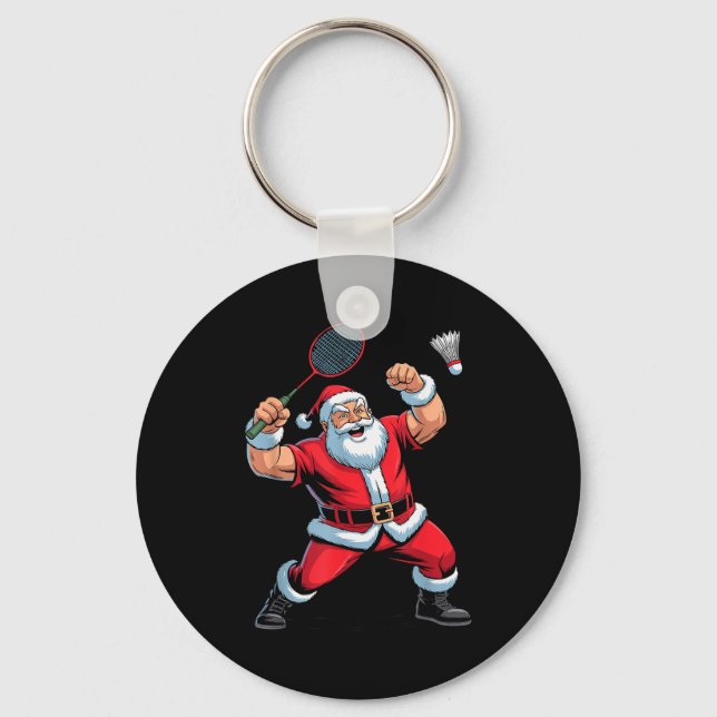 Santa Playing Badminton Funny Holiday Christmas Xm Key Ring (Front)
