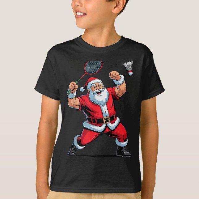 Santa Playing Badminton Funny Holiday Christmas Xm T-Shirt (Front)