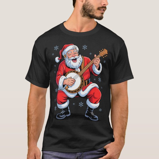 Santa Playing Banjo Funny Holiday Christmas Xmas P T-Shirt (Front)