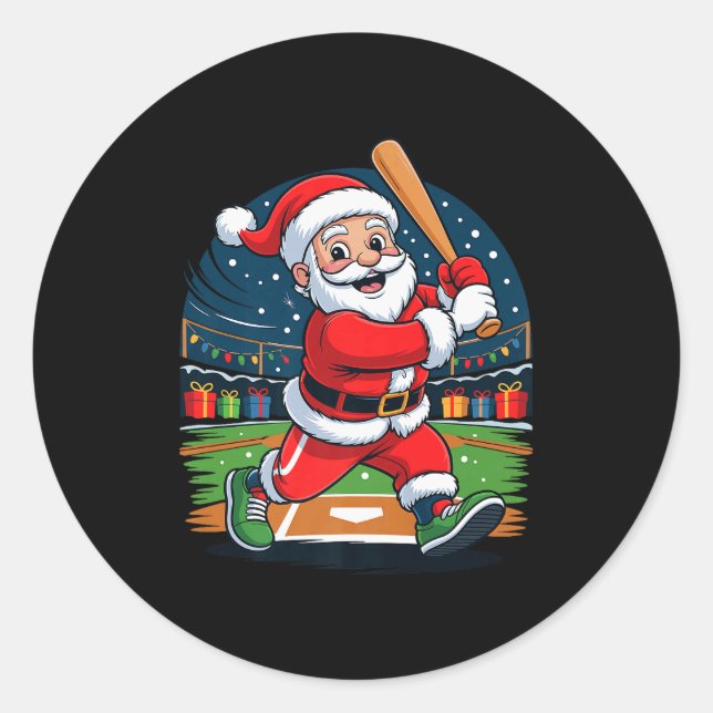 Santa Playing Baseball Funny Holiday Christmas Xma Classic Round Sticker (Front)