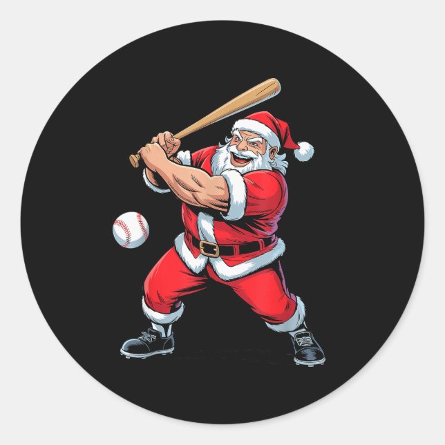 Santa Playing Baseball Funny Holiday Christmas Xma Classic Round Sticker (Front)
