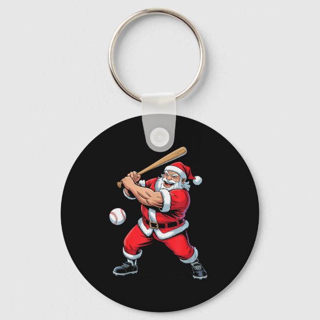 Santa Playing Baseball Funny Holiday Christmas Xma Key Ring (Front)