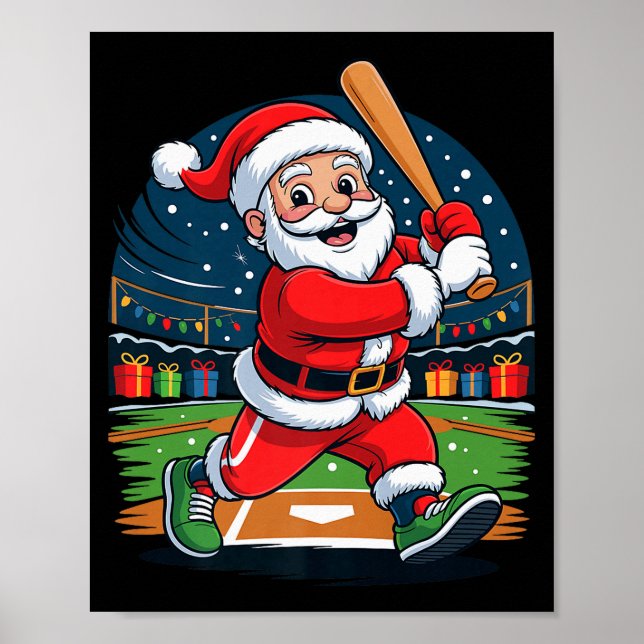 Santa Playing Baseball Funny Holiday Christmas Xma Poster (Front)