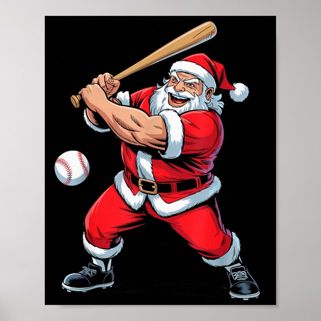 Santa Playing Baseball Funny Holiday Christmas Xma Poster (Front)