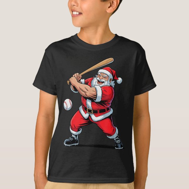 Santa Playing Baseball Funny Holiday Christmas Xma T-Shirt (Front)