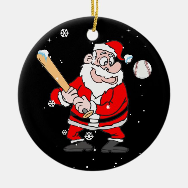 Santa Playing Baseball Pajama Shirt Baseball Ceramic Tree Decoration (Front)