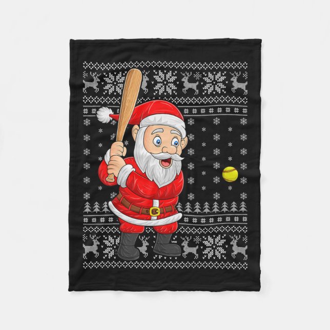 Santa Playing Baseball Softball Ugly Christmas Swe Fleece Blanket (Front)