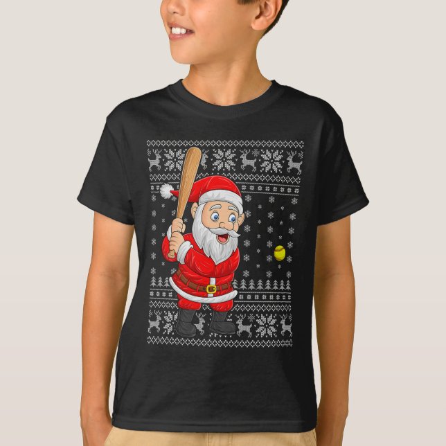 Santa Playing Baseball Softball Ugly Christmas Swe T-Shirt (Front)