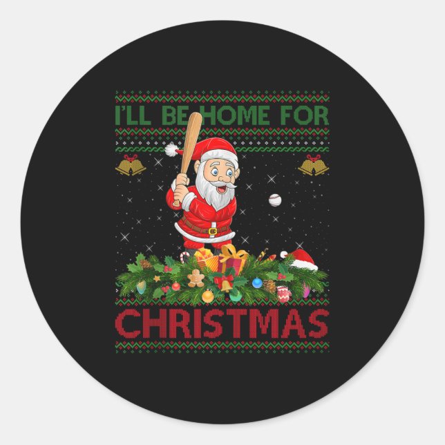 Santa Playing Baseball Ugly Xmas Sweater Style Chr Classic Round Sticker (Front)