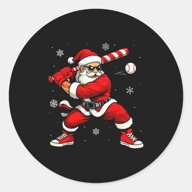Santa Playing Baseball Xmas Funny Christmas Baseba Classic Round Sticker (Front)