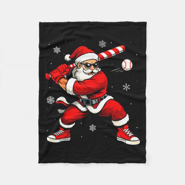Santa Playing Baseball Xmas Funny Christmas Baseba Fleece Blanket (Front)