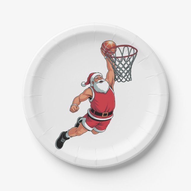 Santa Playing Basketball Christmas Sport Lovers  Paper Plate (Front)