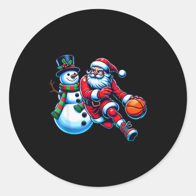 Santa Playing Basketball With A Snowman Christmas  Classic Round Sticker (Front)